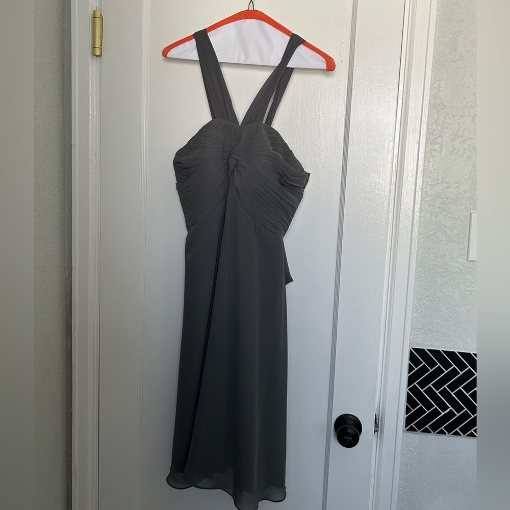 Azazie Steel Grey, knee length bridesmaid dress